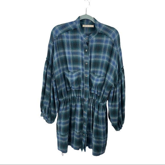 Free People We the Free By The Way Navy Plaid Puffed Sleeved Mini Dress Size S - Picture 7 of 7